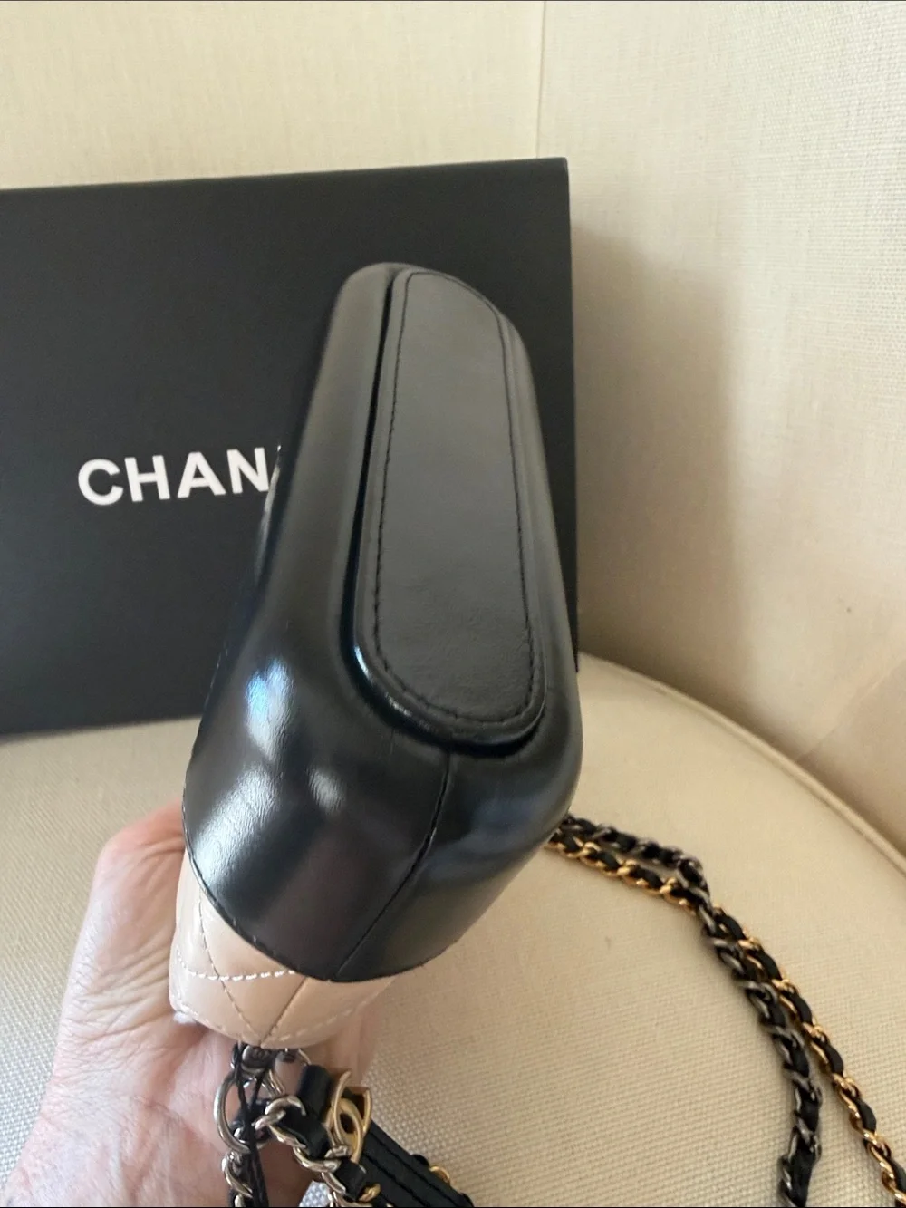 CHANEL Gabrielle aged calfskin Leather Crossbody Clutch w/ two tone chain Strap